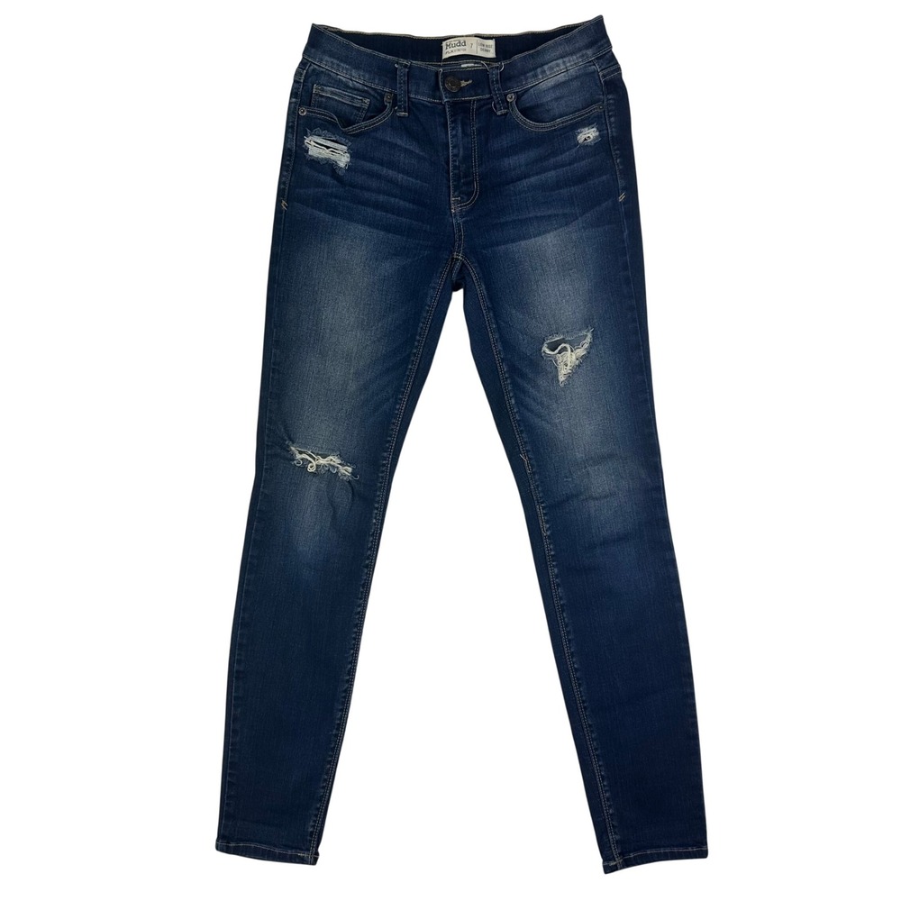 Mudd Skinny Jeans Womens 7 Low Rise Slim‎ 7 Dark Blue Distressed Denim Stretch